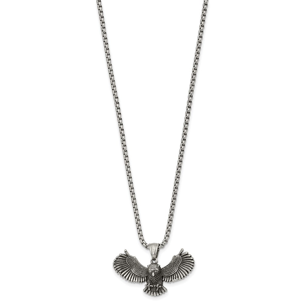 Stainless Steel Antiqued and Polished Flying Owl 24in Necklace