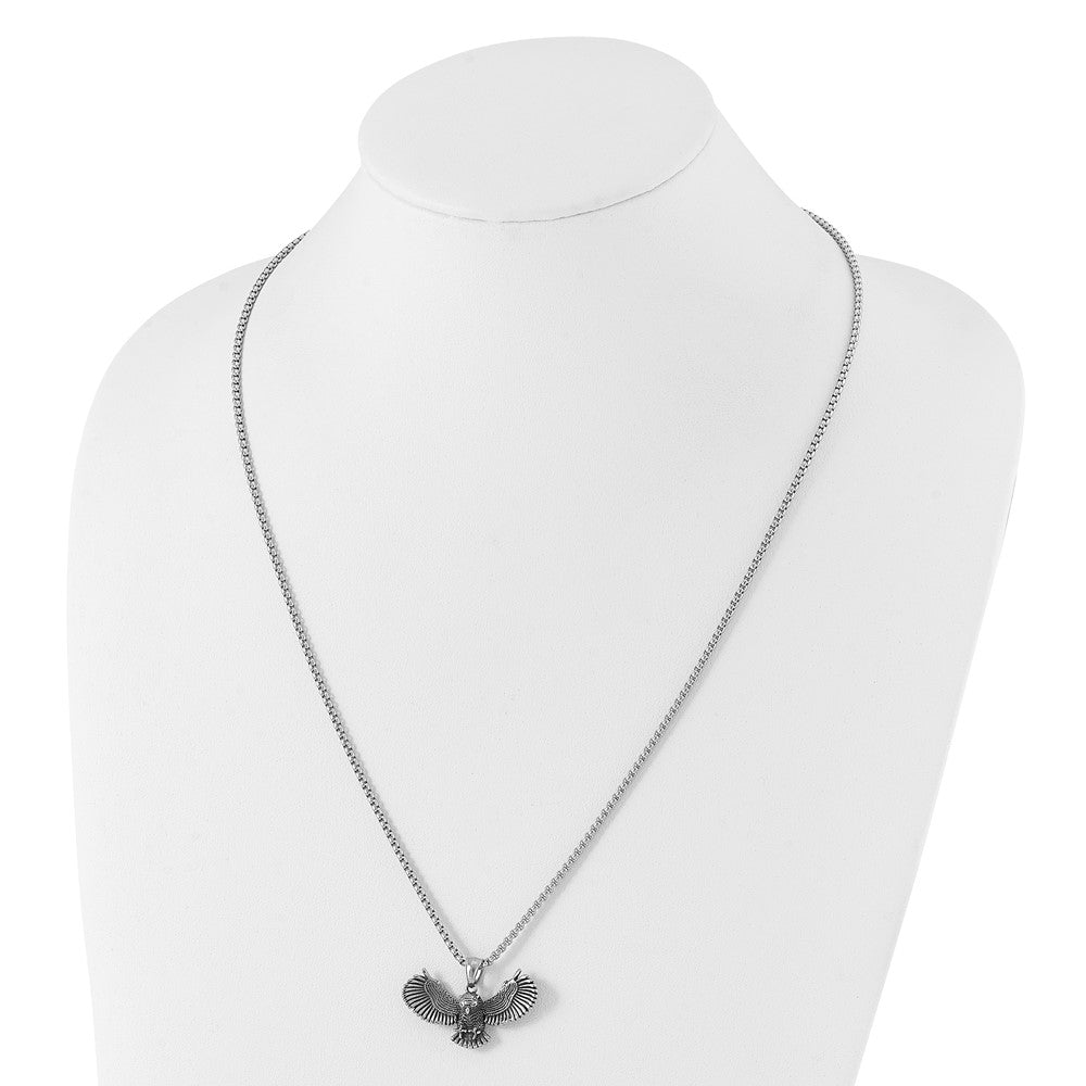 Stainless Steel Antiqued and Polished Flying Owl 24in Necklace