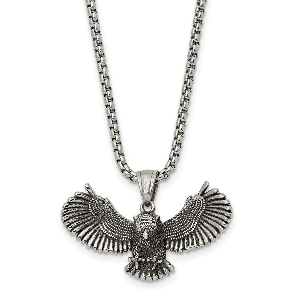 Stainless Steel Antiqued and Polished Flying Owl 24in Necklace