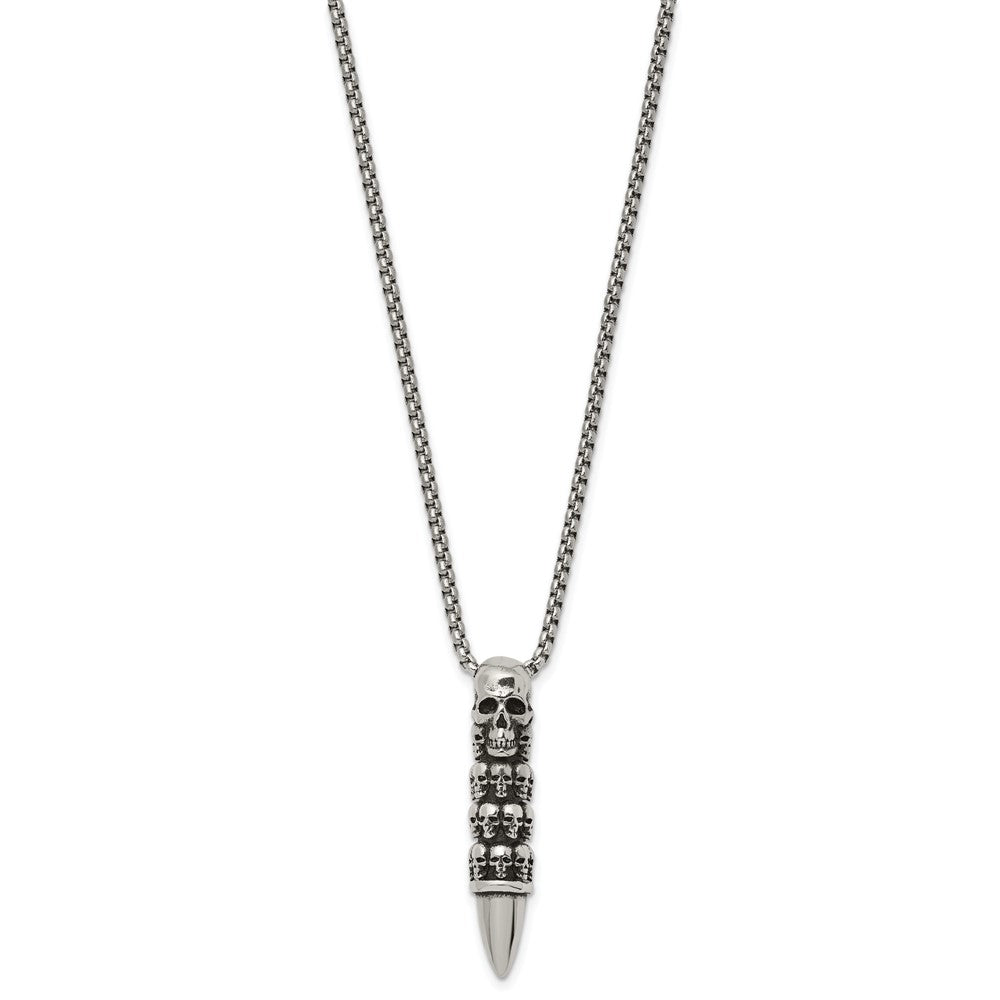 Stainless Steel Antiqued and Polished Bullet w/Skulls 25.5in Necklace