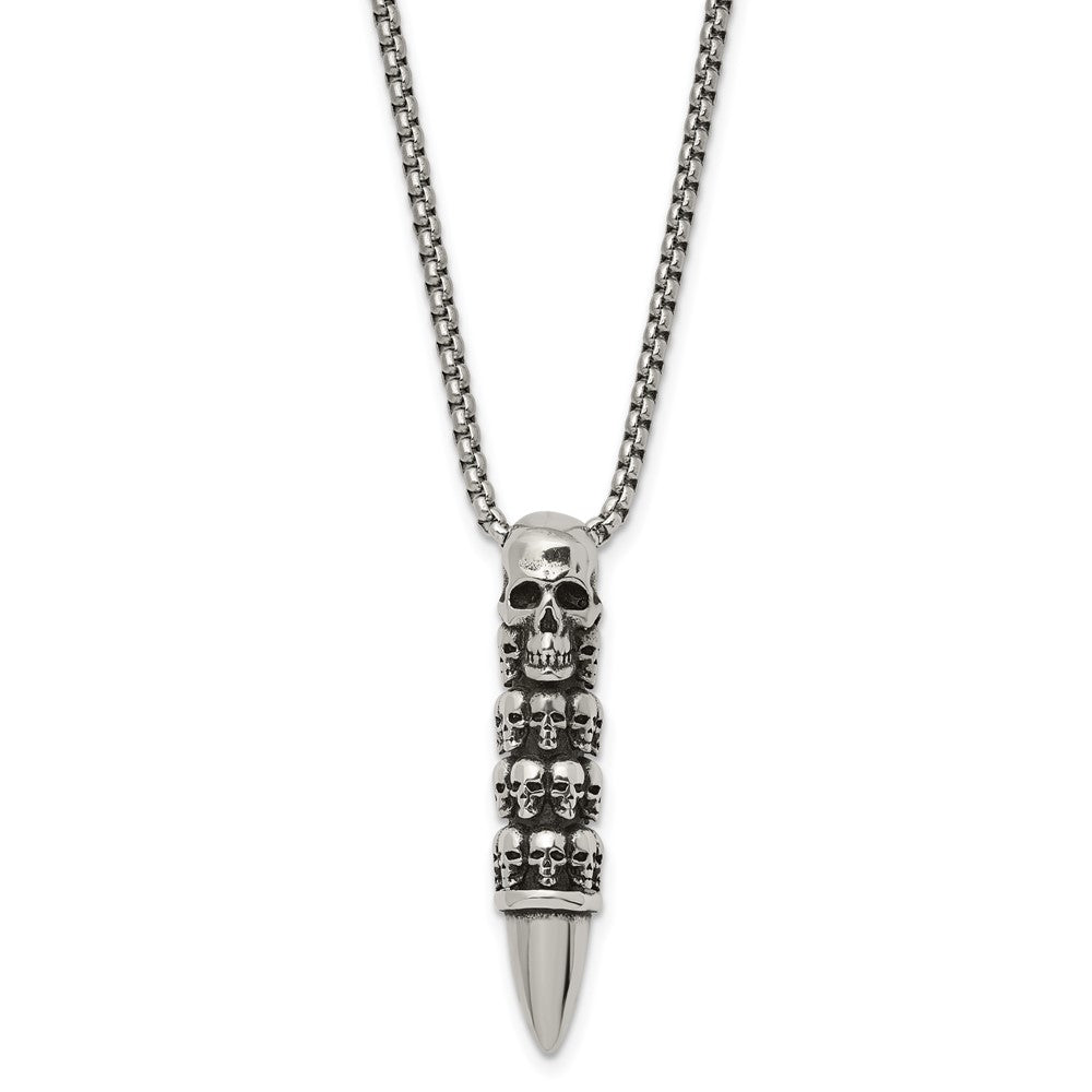 Stainless Steel Antiqued and Polished Bullet w/Skulls 25.5in Necklace
