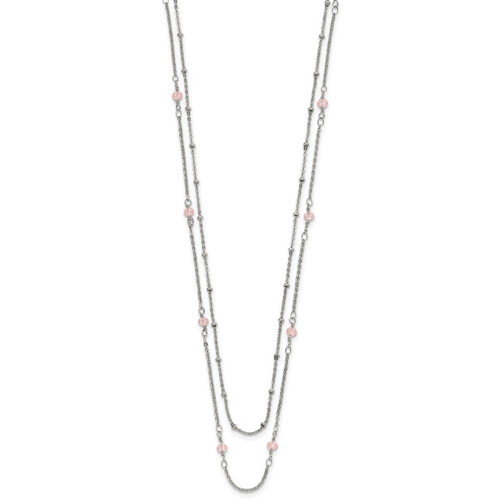 Stainless Steel Polished 2-Strand Pink Crystal Beaded w/1in ext. Necklace