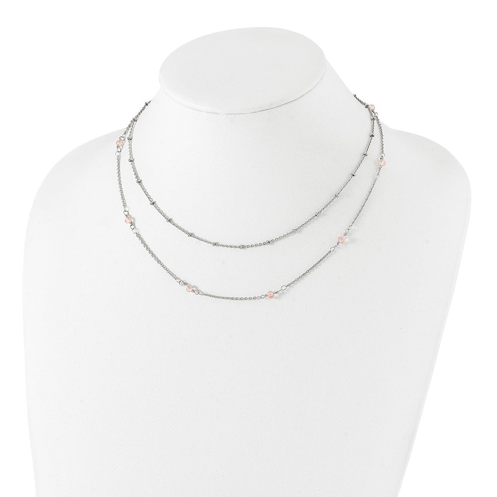 Stainless Steel Polished 2-Strand Pink Crystal Beaded w/1in ext. Necklace