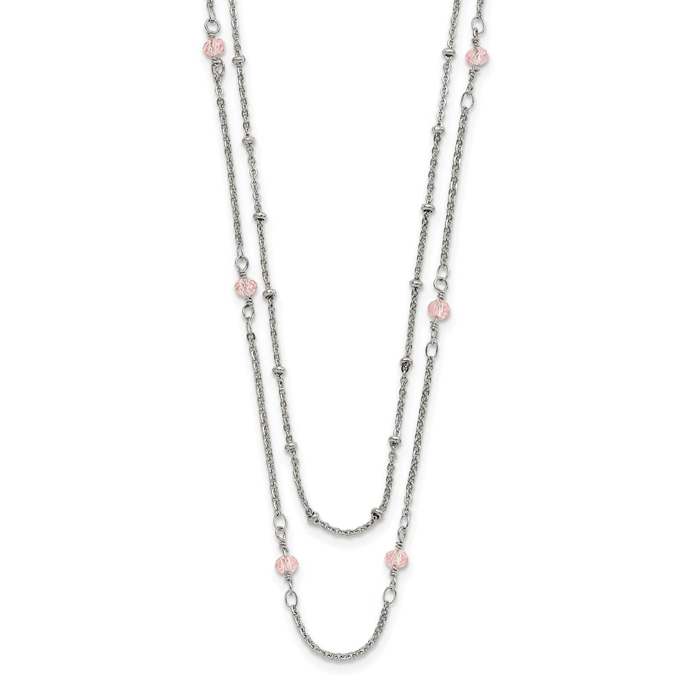 Stainless Steel Polished 2-Strand Pink Crystal Beaded w/1in ext. Necklace