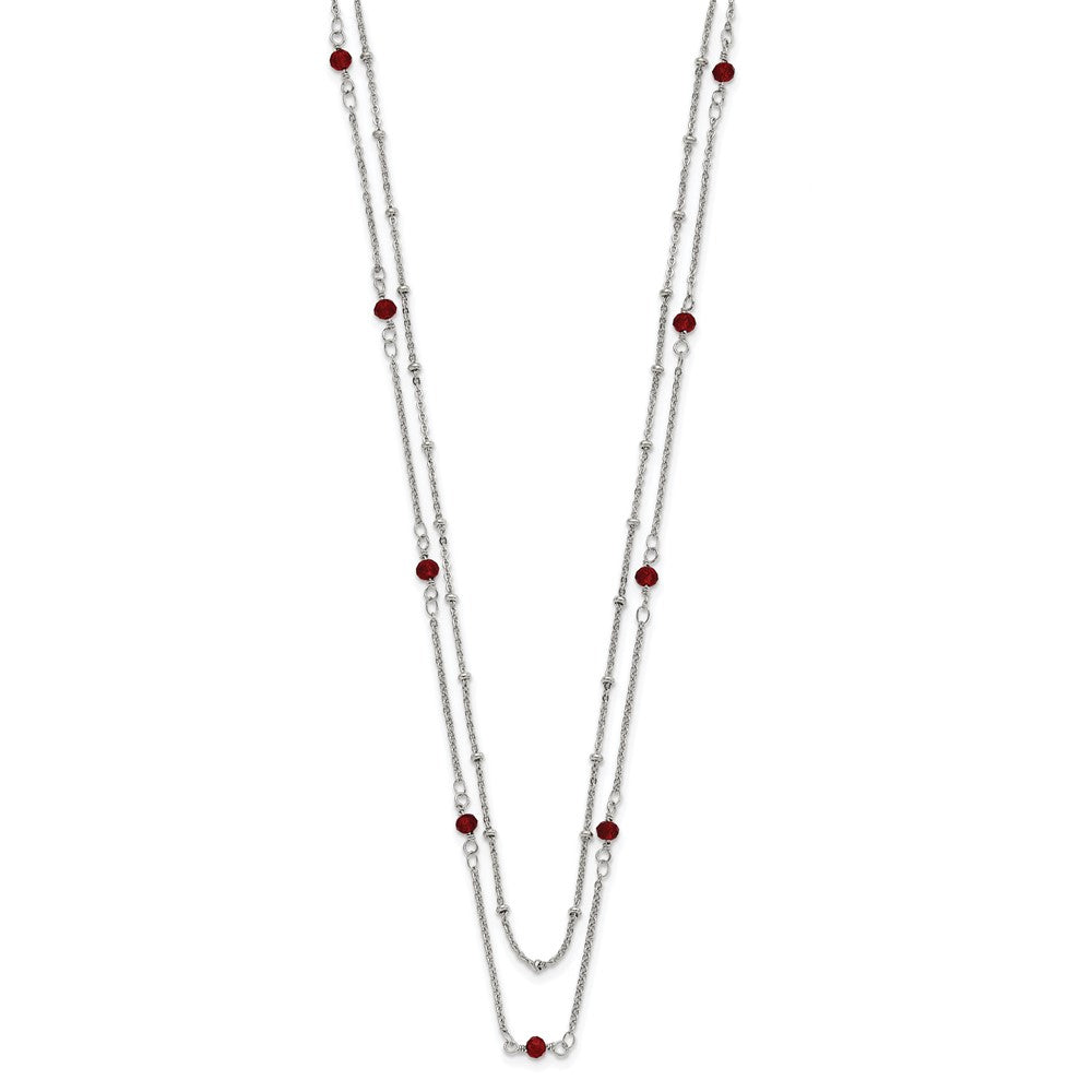 Stainless Steel Polished 2-Strand Red Crystal Beaded w/1in ext. Necklace