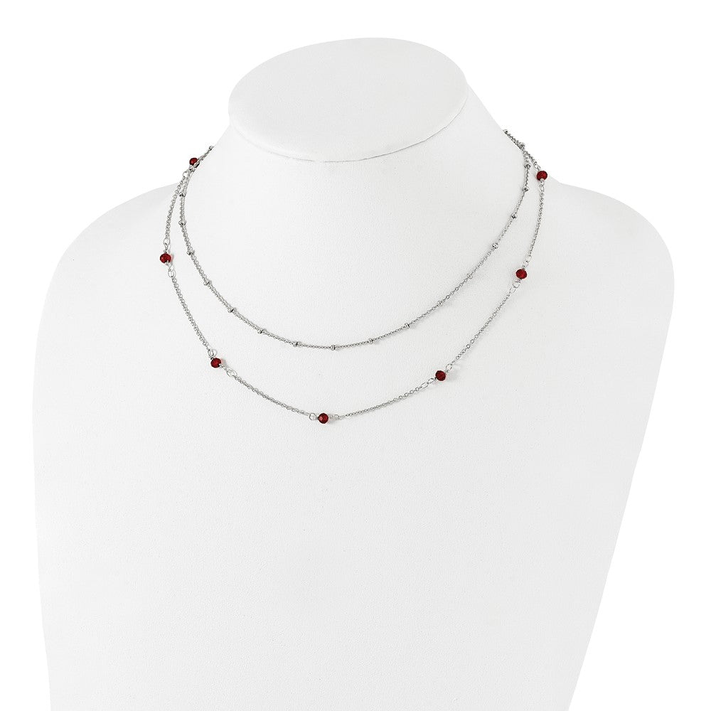 Stainless Steel Polished 2-Strand Red Crystal Beaded w/1in ext. Necklace