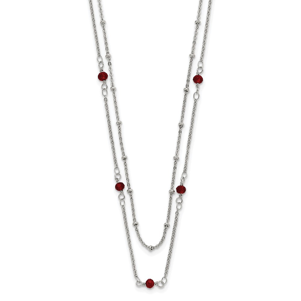 Stainless Steel Polished 2-Strand Red Crystal Beaded w/1in ext. Necklace