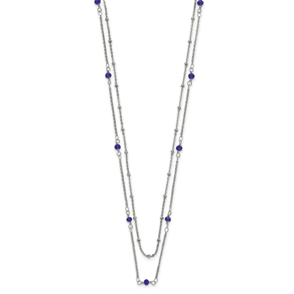 Stainless Steel Polished 2-Strand Blue Crystal Beaded w/1in ext. Necklace