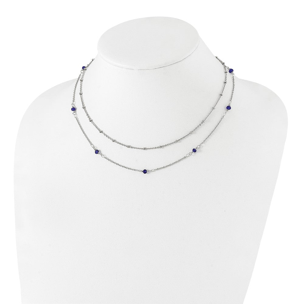 Stainless Steel Polished 2-Strand Blue Crystal Beaded w/1in ext. Necklace