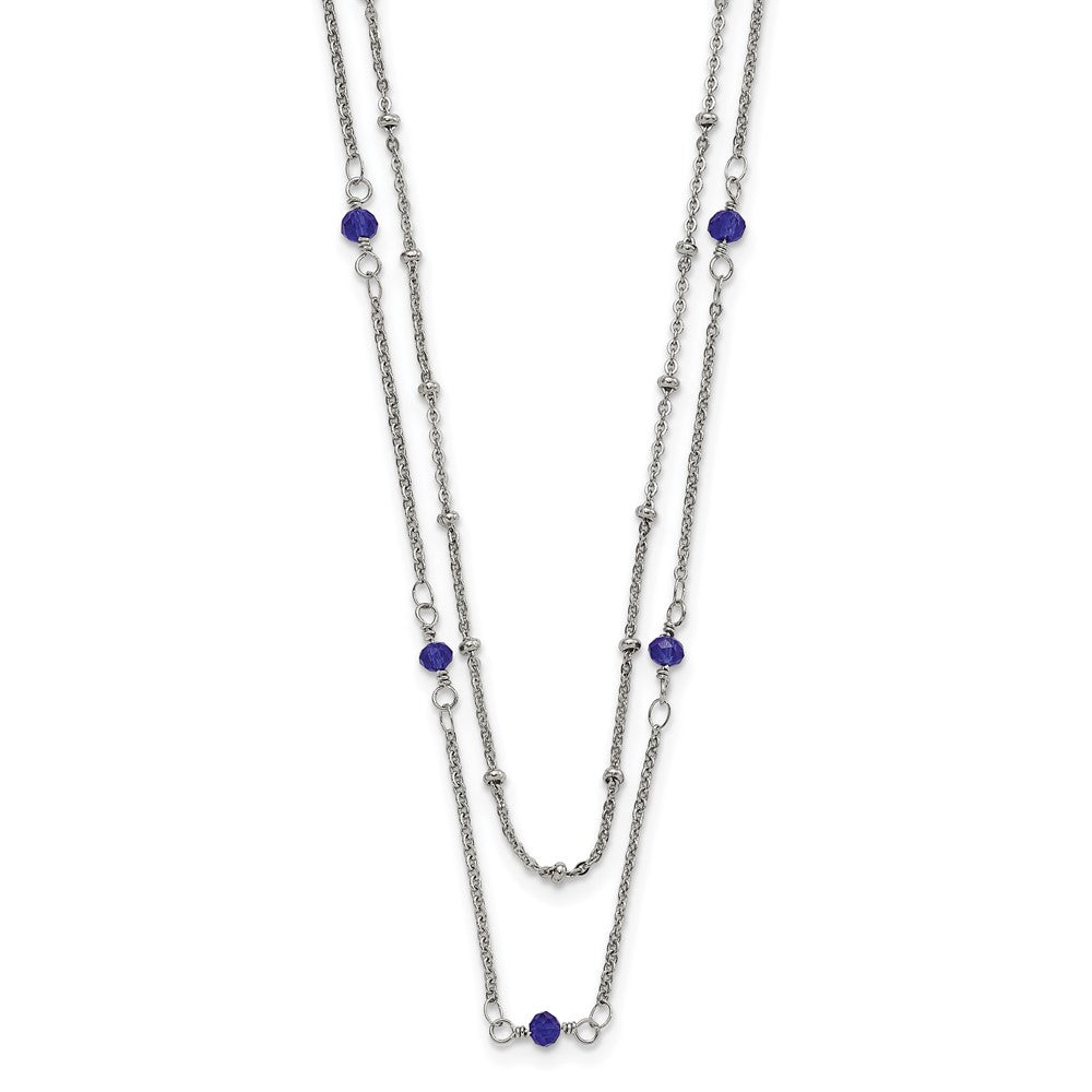 Stainless Steel Polished 2-Strand Blue Crystal Beaded w/1in ext. Necklace