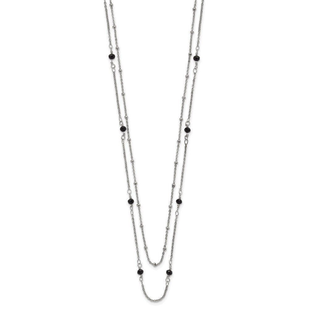 Stainless Steel Polished 2-Strand Black Crystal Beaded w/1in ext. Necklace