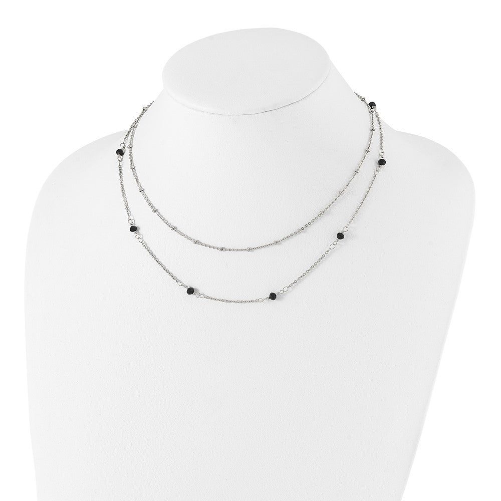 Stainless Steel Polished 2-Strand Black Crystal Beaded w/1in ext. Necklace