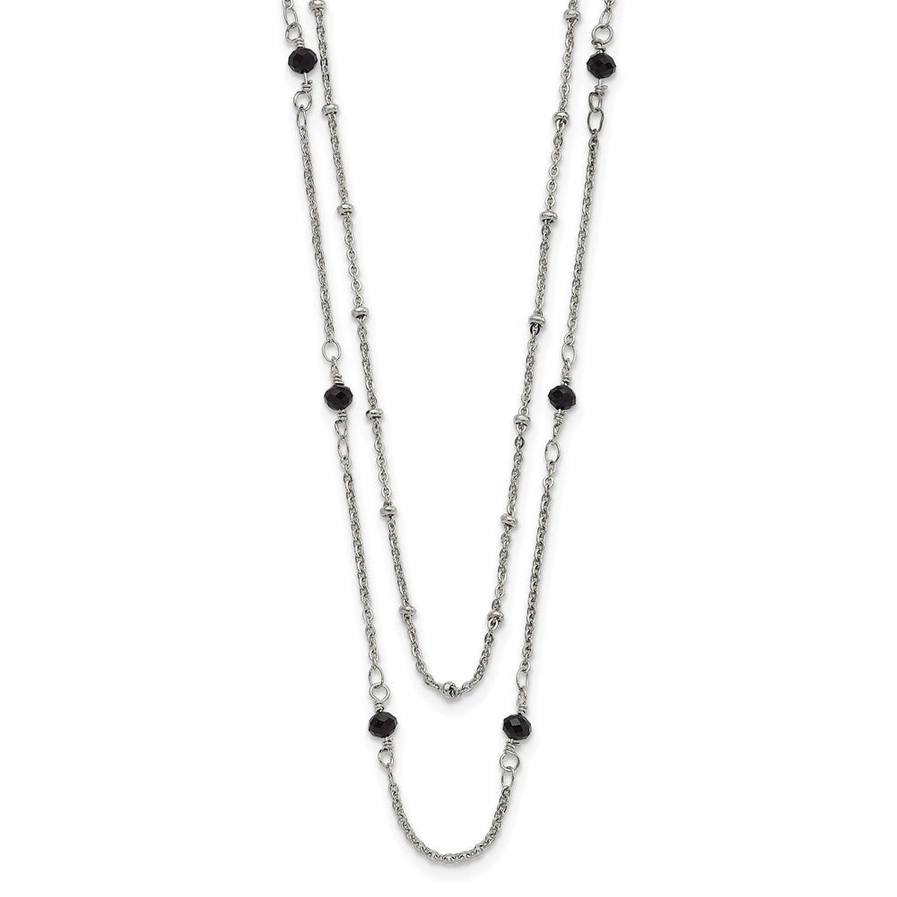 Stainless Steel Polished 2-Strand Black Crystal Beaded w/1in ext. Necklace