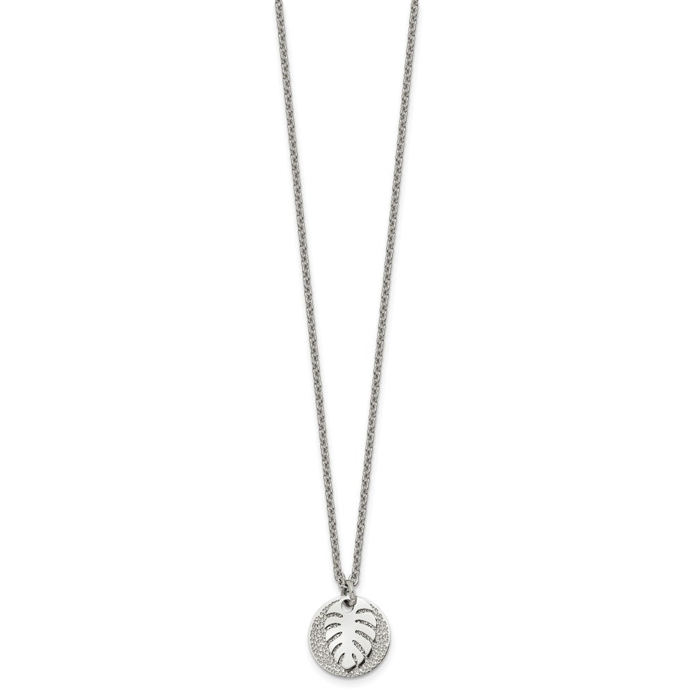 Stainless Steel Polished Textured Circle with Leaf 27.5in Necklace