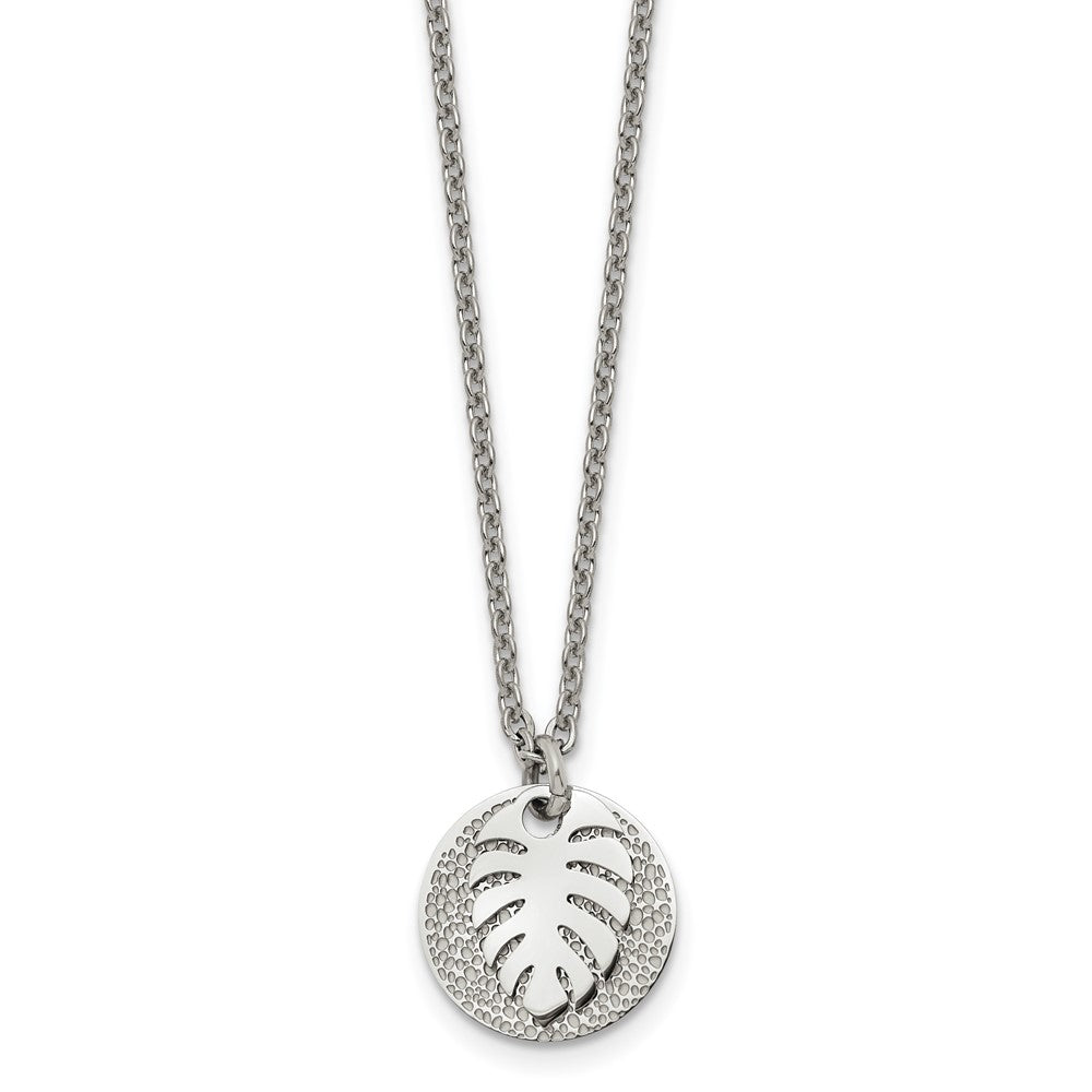 Stainless Steel Polished Textured Circle with Leaf 27.5in Necklace