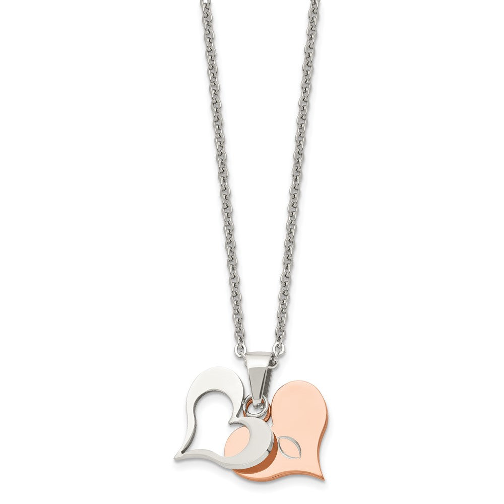 Stainless Steel Polished Rose IP-plated 2 Piece Heart 22in Necklace