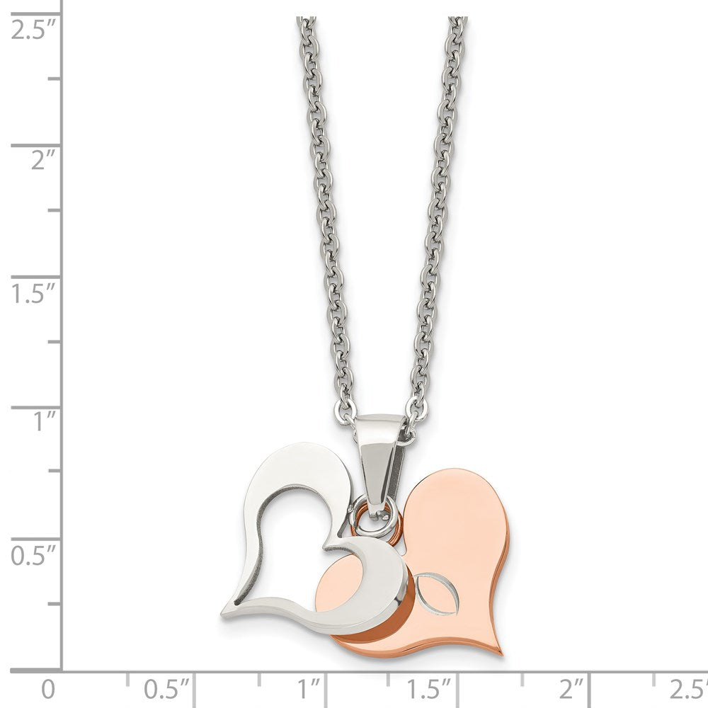 Stainless Steel Polished Rose IP-plated 2 Piece Heart 22in Necklace