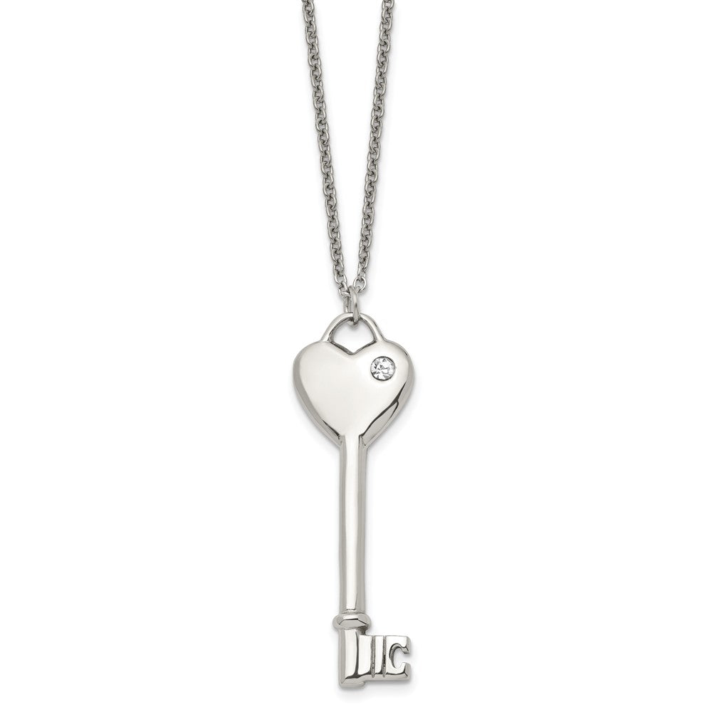 Stainless Steel Polished w/CZ Heart Key 20in Necklace