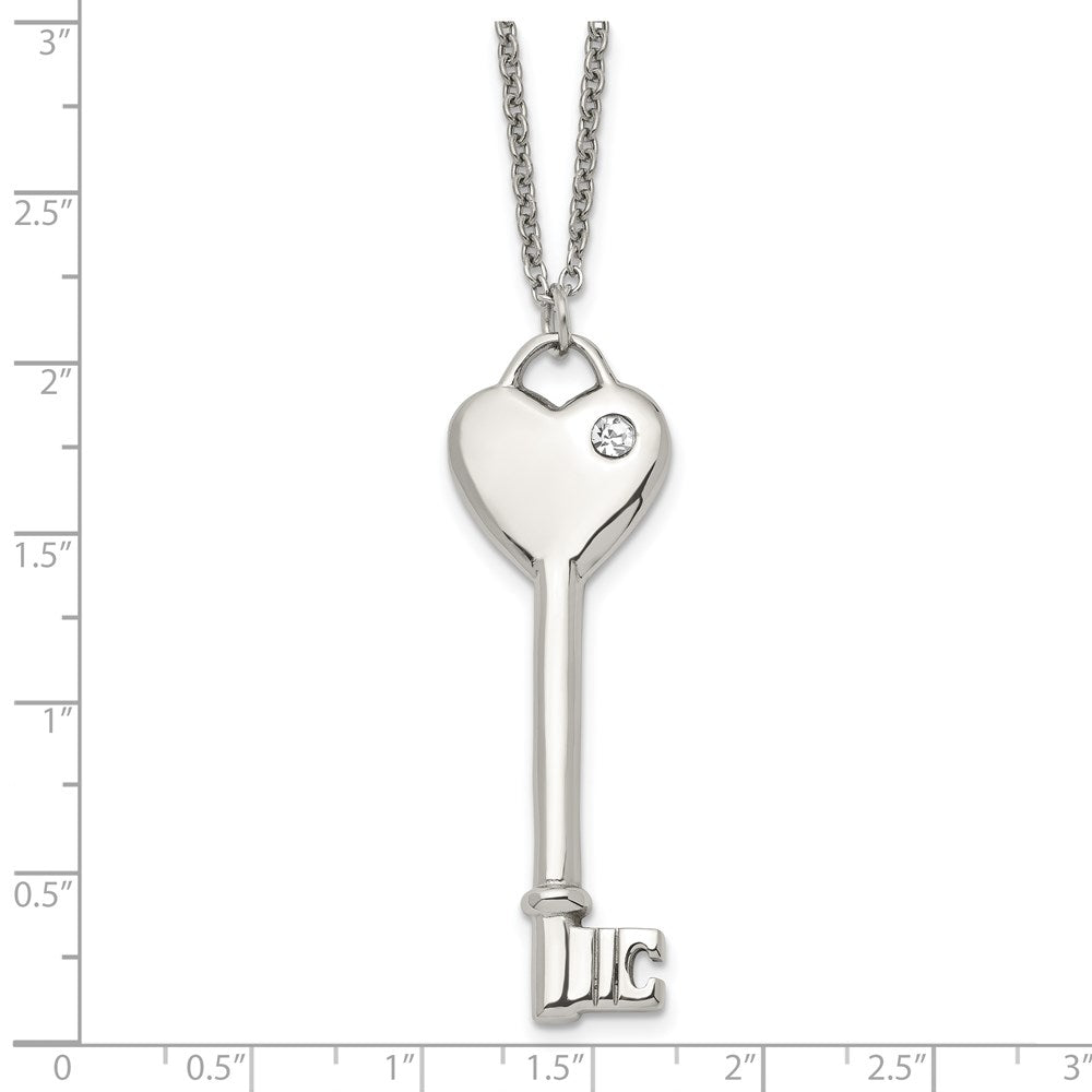 Stainless Steel Polished w/CZ Heart Key 20in Necklace