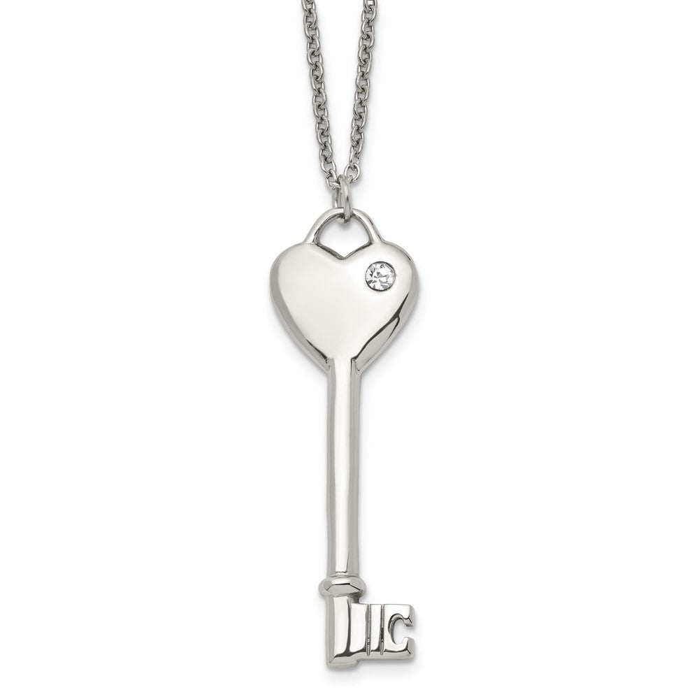 Stainless Steel Polished w/CZ Heart Key 20in Necklace