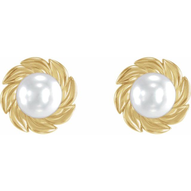 14K Yellow Gold Cultured White Gold Akoya Pearl Leaf Earrings