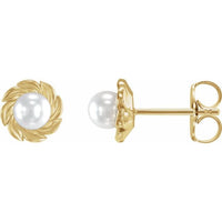 14K Yellow Gold Cultured White Gold Akoya Pearl Leaf Earrings
