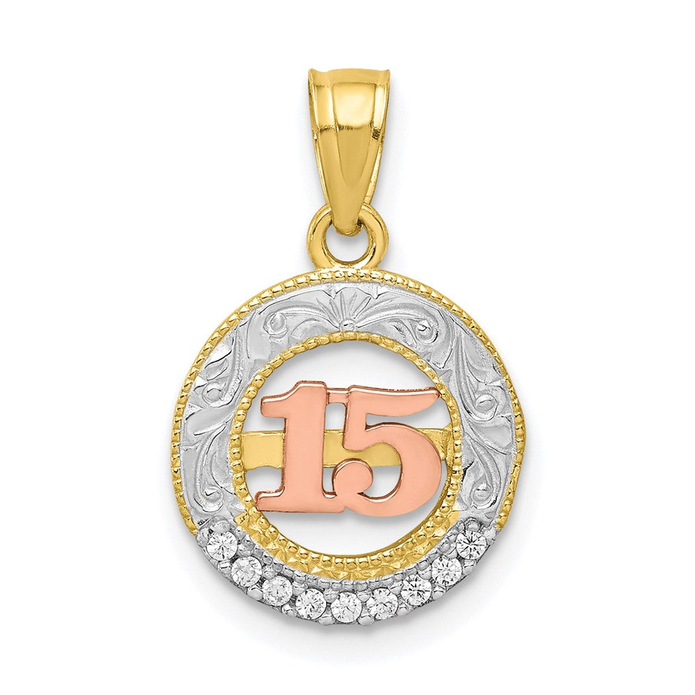 10K Two-tone w/White Rhodium CZ 15 Round Pendant