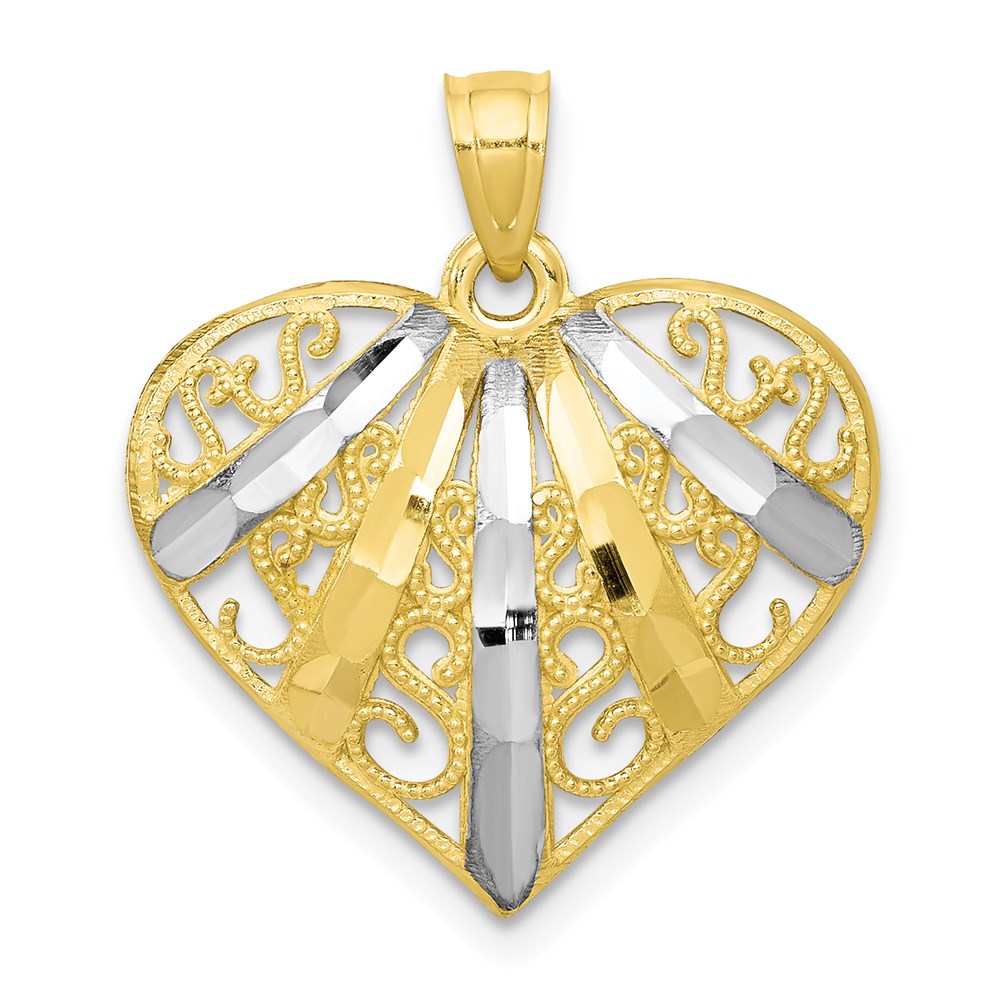 10K w/Rhodium Diamond-Cut Filigree Heart Pendant