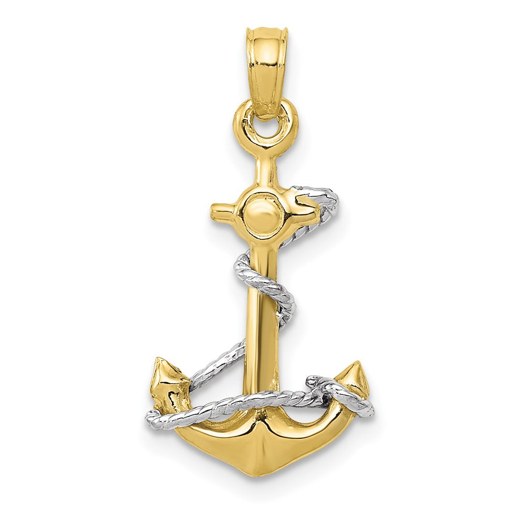 10K Two-Tone 3D Anchor W/Rope Pendant