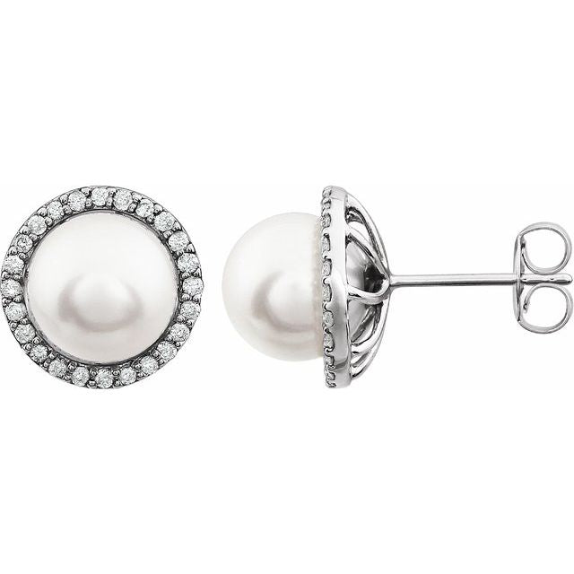 14K White Gold Cultured White Gold Freshwater Pearl  & 1/4 CTW Natural Diamond Earrings