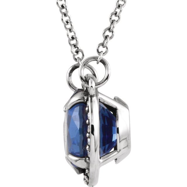 14K White 6 mm Round Lab-Created Blue Sapphire and .04 CTW Diamond 16" Necklace
