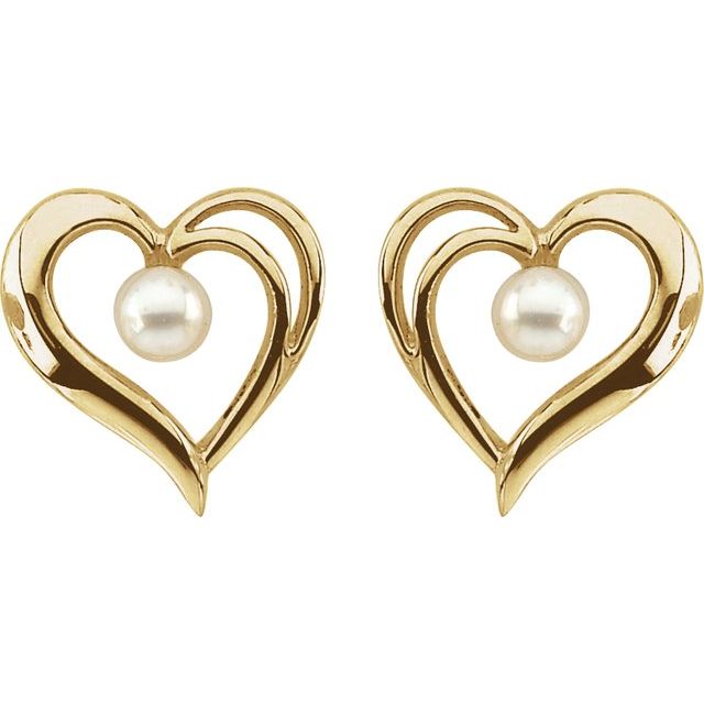14K Yellow Cultured Akoya Pearl Heart Earrings 2