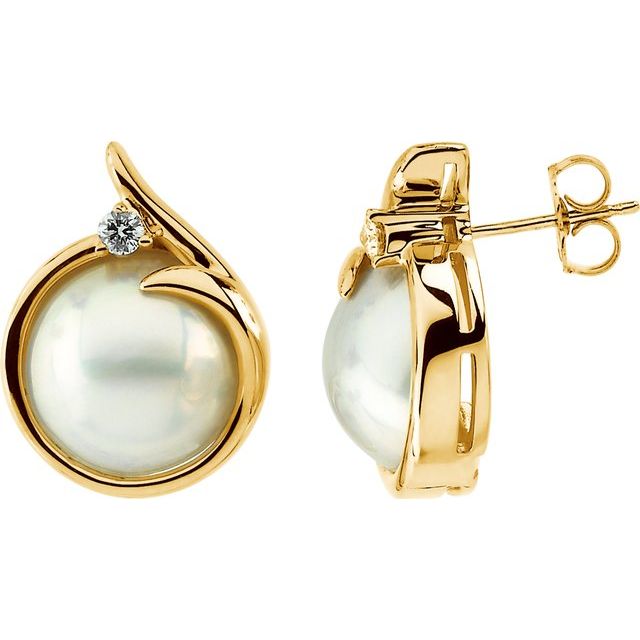 14K Yellow Gold Mabé Pearl & 1/8 CTW Natural Diamond Earrings