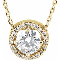14K Yellow 5 mm Round Forever One&trade; Moissanite & .06 CTW Diamond 16-18" Necklace 1