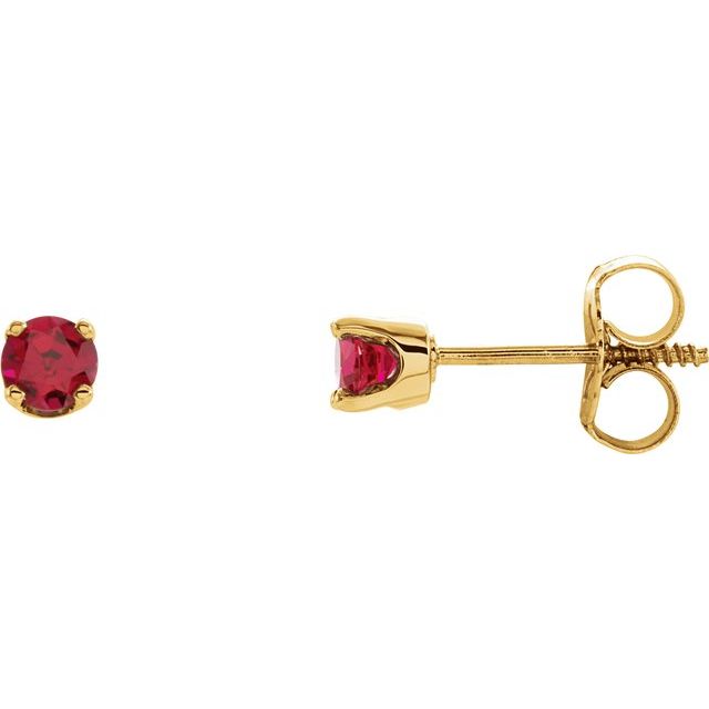 14K Yellow 3 mm Round Imitation Ruby Youth Birthstone Earrings 1