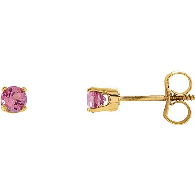 14K Yellow 3 mm Round Imitation Pink Tourmaline Youth Birthstone Earrings 1