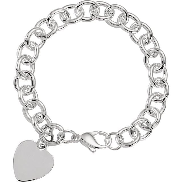 Sterling Silver Heart Charm Cable 7.5" Bracelet