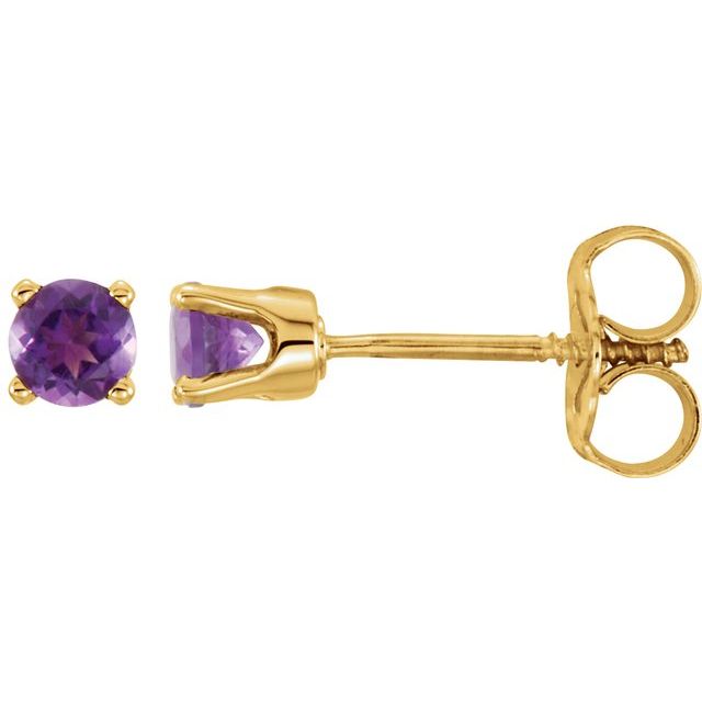 14K Yellow 3 mm Round Imitation Amethyst Youth Birthstone Earrings 1