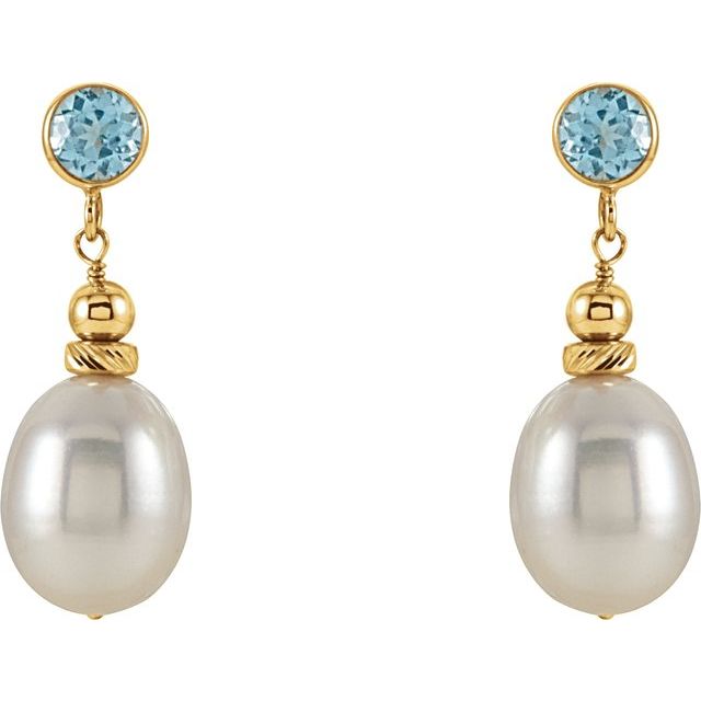 14K Yellow Gold Cultured White Gold Freshwater Pearl & Natural Swiss Blue Topaz Earrings