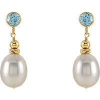 14K Yellow Gold Cultured White Gold Freshwater Pearl & Natural Swiss Blue Topaz Earrings