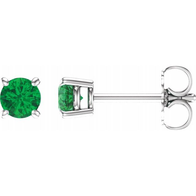 14K White 4 mm Round Lab-Created Emerald Earrings