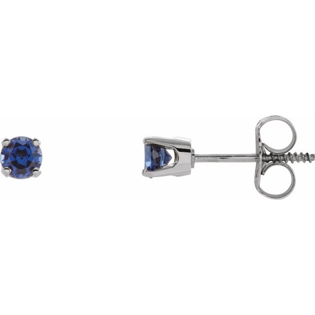 14K White 3 mm Round Imitation Blue Sapphire Youth Birthstone Earrings 1