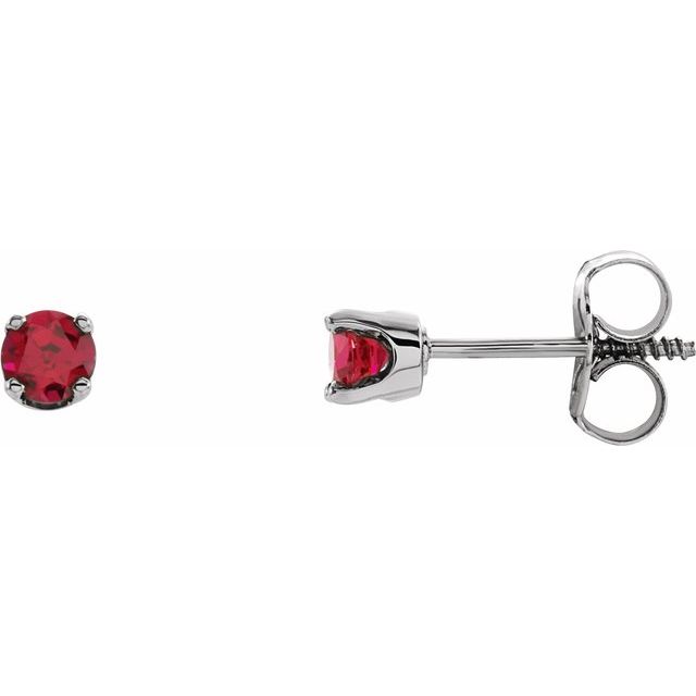 14K White 3 mm Round Imitation Ruby Youth Birthstone Earrings 1