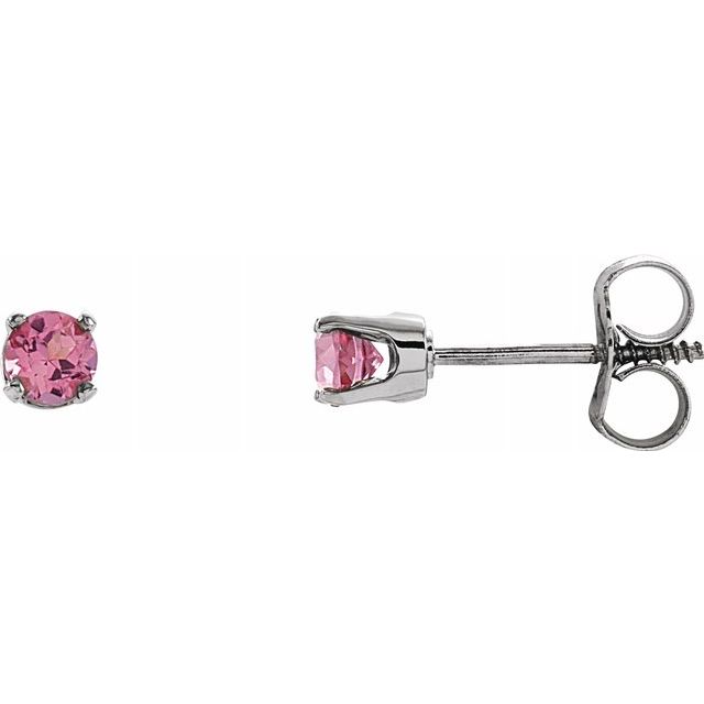 Sterling Silver 3 mm Round Imitation Pink Tourmaline Youth Birthstone Earrings 1