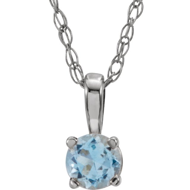 14K White 3 mm Round March Imitation Aquamarine Youth Birthstone 14" Necklace 1