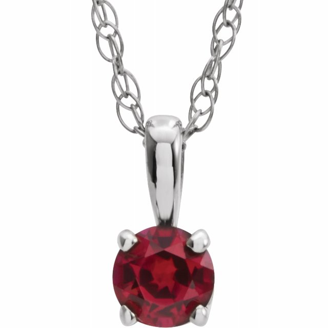 Sterling Silver 3 mm Round July Imitation Ruby Youth Birthstone 14" Necklace 1