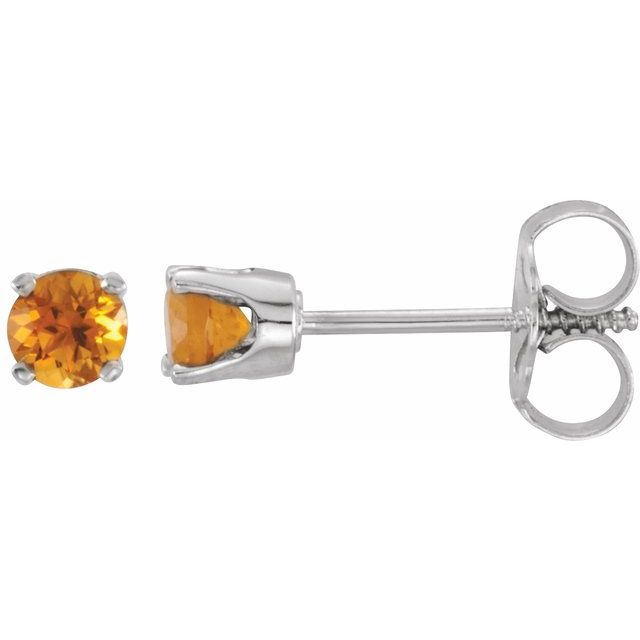 14K White 3 mm Round Imitation Citrine Youth Birthstone Earrings 1