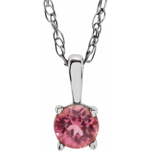 14K White 3 mm Round October Imitation Pink Tourmaline Youth Birthstone 14" Necklace 1