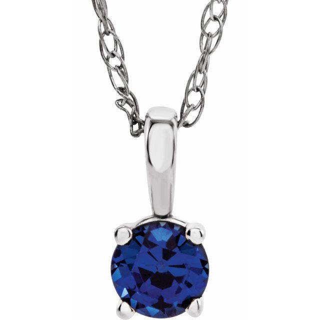 14K White 3 mm Round September Genuine Blue Sapphire Youth Birthstone 14" Necklace 1