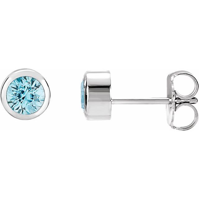 14K White 4 mm Round Genuine Blue Zircon Birthstone Earrings 1